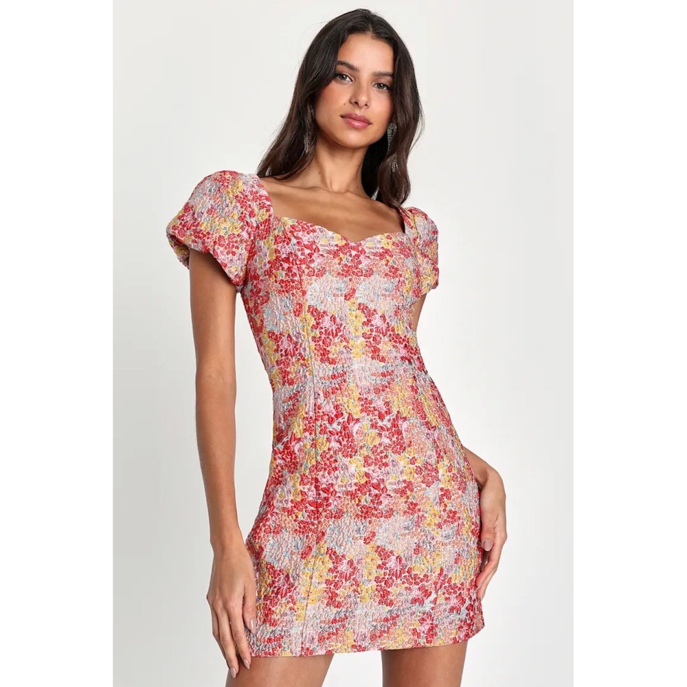 Lulu's Floral Puff-Sleeve Mini Dress in Red, Yellow, Pink